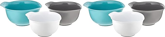 KitchenAid Universal Nesting Plastic Mixing Bowls,Set Of 3,2.5 quart,3.5 quart,4.5-quart,Non Slip Base with Easy Pour Spout to Reduce Mess,Dishwasher Safe,Aqua Sky,White,Gray,(Pack of 2)