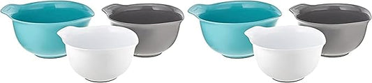 KitchenAid Universal Nesting Plastic Mixing Bowls,Set Of 3,2.5 quart,3.5 quart,4.5-quart,Non Slip Base with Easy Pour Spout to Reduce Mess,Dishwasher Safe,Aqua Sky,White,Gray,(Pack of 2)