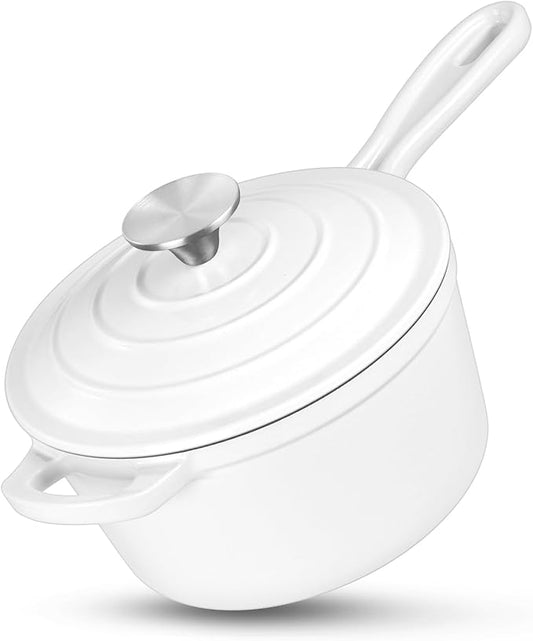 HaSteeL 1 QT Cast Iron Saucepan, Mini Enamel dutch oven with lid, Small Non Stick Pan for Milk, Pasta Tomato Sauce, Butter, Breakfast, Soup, Suitable for Boiling Stewing Frying, Easy to Clean, White