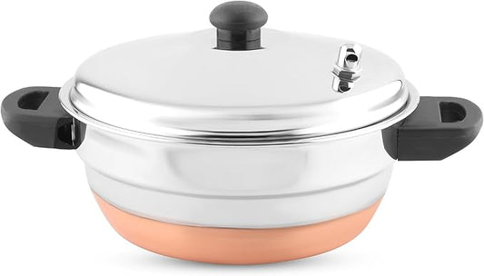 All in One Copper Bottom Idli Cooker 4 pcs Multi Kadai with Stainless Steel lid, 2 idli Plates (10 Idlis) 1 Steamer and 1 Idli Spoon with Whistle, Silver
