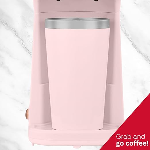 Holstein Housewares Personal Coffee Maker with 14oz Travel Mug – Compact One-Touch Brew Machine with Reusable Filter, Auto Shut-Off, Non-Stick Plate, Ideal for Home, Office, or Dorm. Pink