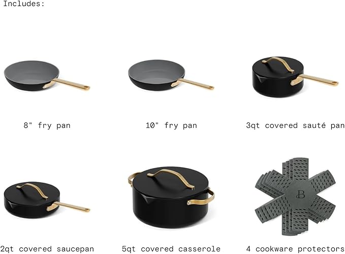 Pans 12pc Ceramic Non-Stick Cookware Set by Drew Barrymore, Pots & Pans with Lids, Dishwasher‑Safe,Soft‑Touch Handles, Even‑Heat Base. (Black Seaseme)