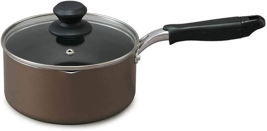 Iris Ohyama DIS-P18 Single Handled Pot, 7.1 inches (18 cm), Pot with Lid, Gas Fire/Induction Compatible, Glass Lid, Diamond Coated, Long Lasting, Non-Sticking, Easy Care, Brown