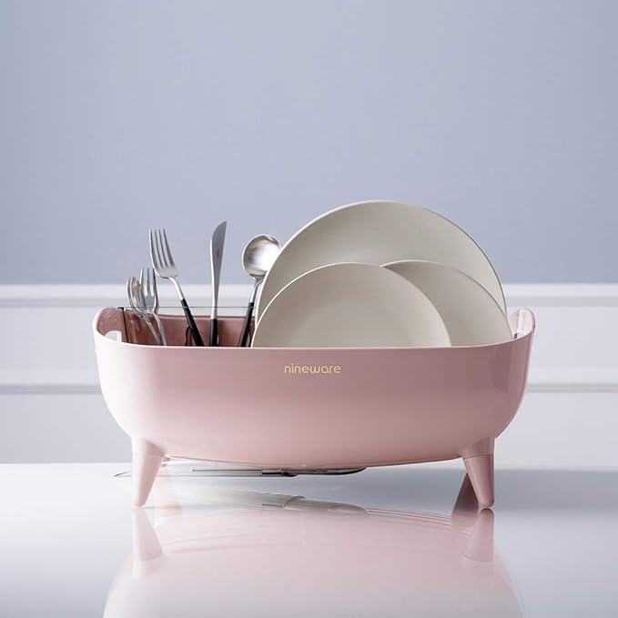 Wide Volume Dish Drying Rack, Large Capacity Kitchen Coutertop Organizer, 360° Rotatable Water Drain, Removable Utensil Holder, Sleek Design, Made in Korea (Pink)