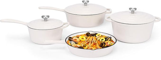 QuliMetal Nonstick Enameled Cast Iron Cookware Set, 4-Pcs Pots and Pans with Lid, Healthy Round Dutch Oven Pot for Sourdough Bread Baking, Oven Safe up to 500° F or on All Stovetop