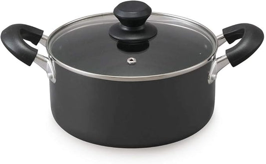 Iris Ohyama DIS-P20 Two-Handled Pot, 7.9 inches (20 cm), Pot with Lid, Gas Cook/Induction Compatible, Glass Lid, Diamond Coat, Long Lasting, Non-Stick, Easy Care, Black