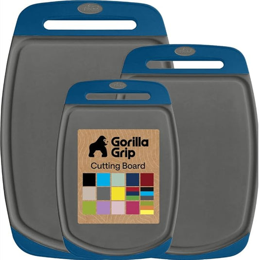 GORILLA GRIP BPA-Free Reversible Kitchen Cutting Board Set of 3, US Designed, Nonporous, Juice Grooves Catch Liquid, Slip Resistant Border, Dishwasher Safe, Durable Food Chopping Boards, Gray Blue