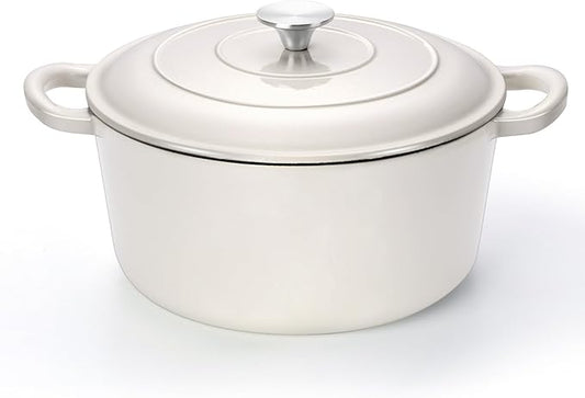 TeamFar 6Qt Dutch Oven, Enameled Cast Iron Dutch Oven Pot with Lid & Dual Handles for Bread Baking, Cooking, Simmer, Non Toxic & Heavy Duty, Oven Safe & Various Stovetops Suitable - Cream White