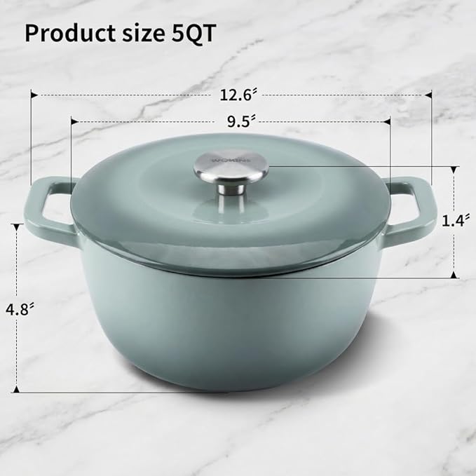5QT Enamel Cast Iron Dutch Oven with Lid,Dual Handles,Versatile Heavy-Duty Non-toxic Cookware for Sourdough Bread Baking,Braising,Stews,Roasting,Oven Safe up to 500°F green