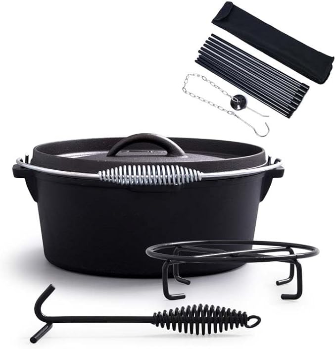 4.5Qt camping dutch oven with lid，cast iron dutch oven，Lifter Handle，Camping Tripod，Cast Iron Camping Cookware, Camping Oven - Campfire Cooking Equipment，With Free Scrubber Brush Stainless Steel Material