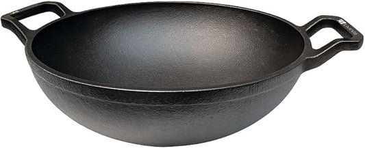 Cast Iron Deep Kadai Wok with Dual Handles, Heavy-Duty Cooking Pot for Deep Frying, Stir-Frying, Curries – Gas, Grill & Open Flame Compatible, 9 Inch