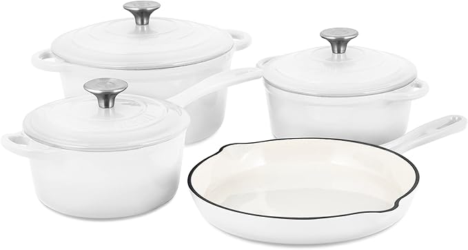 Basque Enameled Cast Iron Cookware Set (Blanc White), 7-Piece Set, Nonstick, Oversized Handles, Oven Safe; 10.25" Skillet, 2QT Saucepan, 2.25QT Small Dutch Oven, 4.75QT Large Dutch Oven
