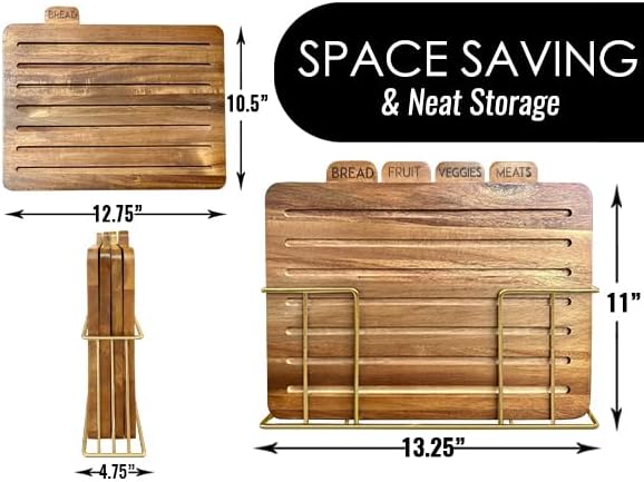 Acacia Cutting Boards for Kitchen with Holder 13" x 11" x 2.5" | Labeled Wood Cutting Board Sets | Large Wooden Cutting Board Set of 4 with Gold Organized Stand | Non Toxic Chopping Board