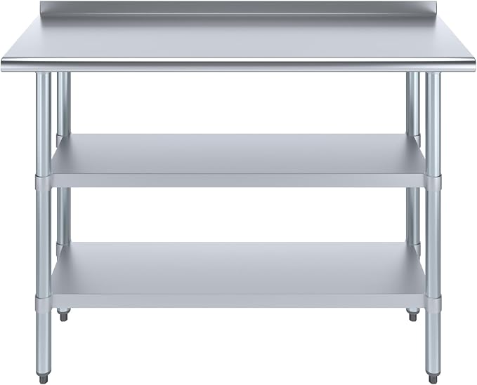 AmGood Stainless Steel Work Table with 1.5" Backsplash and 2 Shelves | NSF (48" Long x 18" Deep)