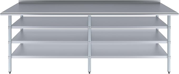 AmGood Stainless Steel Work Table with 1.5" Backsplash and 3 Shelves | Metal Kitchen Food Prep Table | NSF (96" Long x 24" Deep)