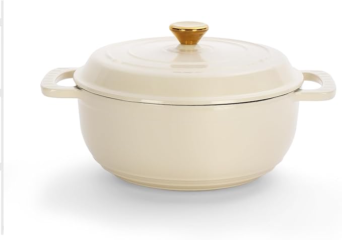 ROVSUN 5 Quart Enameled Cast Iron Dutch Oven with Lid, Dual Handles, Oven Safe up to 500°F or on Stovetop, Compatible for Braising, Stews, Roasting, Bread Baking-Cream White