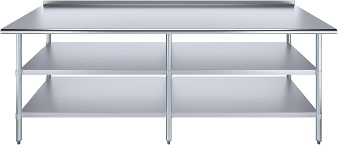 AmGood Stainless Steel Work Table with 1.5" Backsplash and 2 Shelves | Metal Kitchen Food Prep Table | NSF (96" Long x 30" Deep)