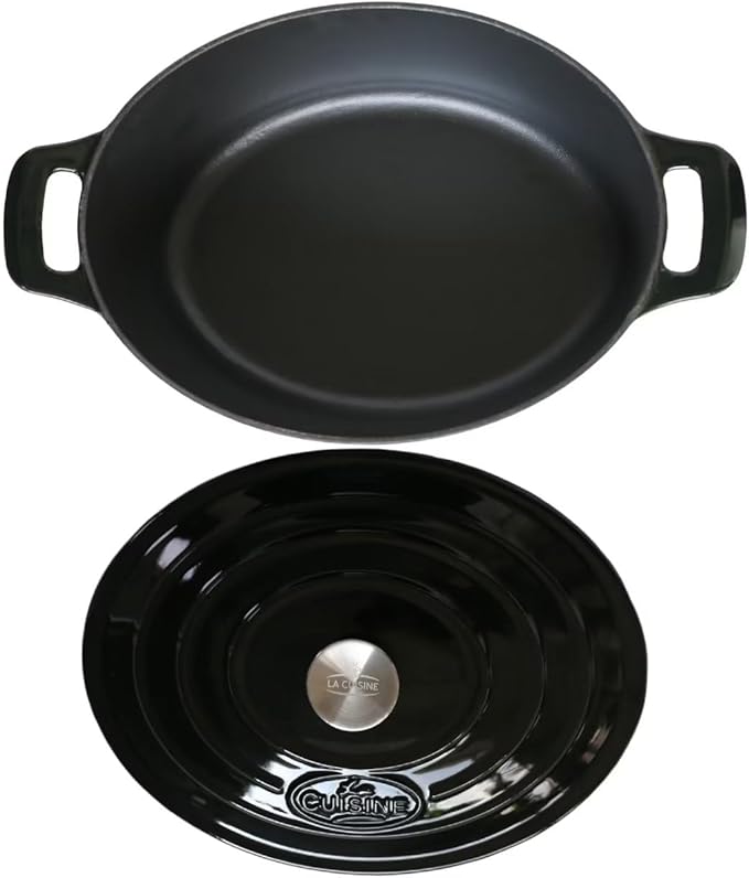 La Cuisine 6240MB Enameled Cast Iron Oval Dutch Oven Casserole 6.75 QT 33x25x16cm Matte Black Enamel Interior, Glossy Black Porcelain Enamel Coating Exterior