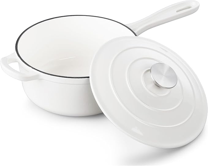 TeamFar 3QT Enameled Cast Iron Sauce Pan, Small Sauce Pot with Lid, Mini Dutch Oven Saucepan for Cooking/Simmering/Baking/Boiling, Sturdy & Nonstick, Oven Safe & Fit for Induction-White