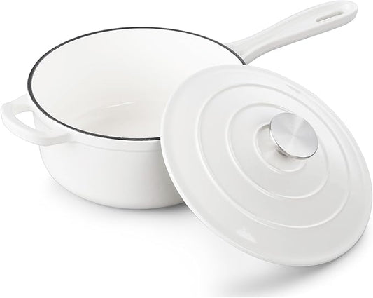 TeamFar 3QT Enameled Cast Iron Sauce Pan, Small Sauce Pot with Lid, Mini Dutch Oven Saucepan for Cooking/Simmering/Baking/Boiling, Sturdy & Nonstick, Oven Safe & Fit for Induction-White