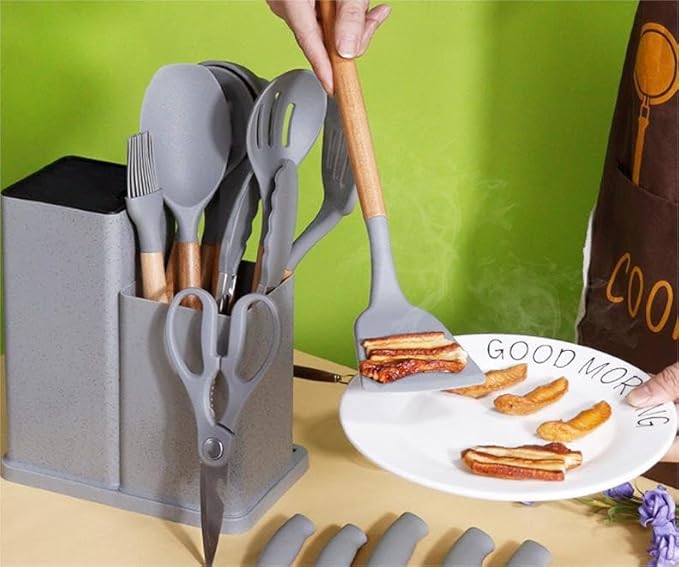 19 Pieces Kitchen Utensils and Knife Set with Block, Inldued 9 Pieces Silicone Cooking Utensils Set 5 Pieces Sharp Stainless Steel Chef Knives Scissors Whisk Tongs and Cutting Board (PINK)