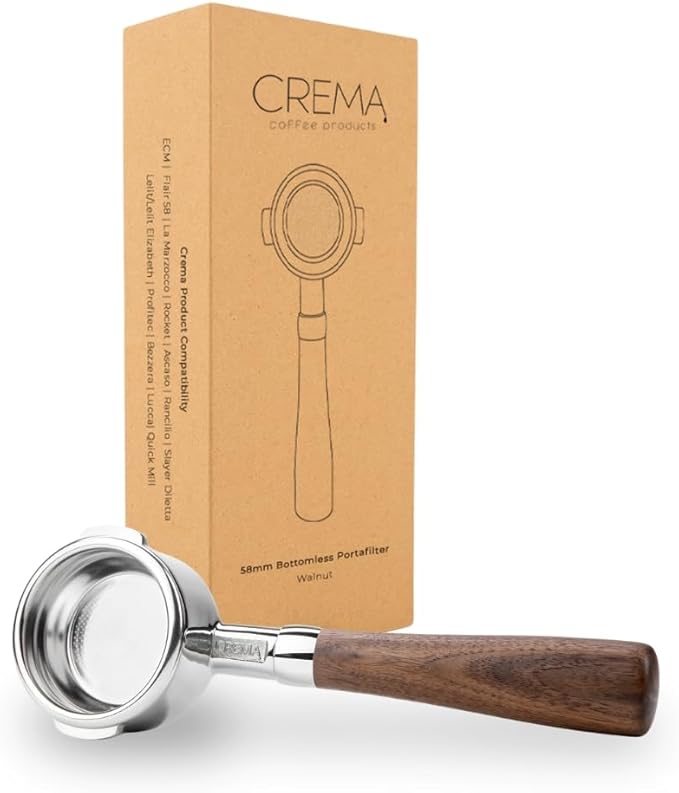 CREMA Coffee Products 58mm Bottomless Naked Portafilter | Compatible with 58mm for E61 | Includes Double Shot Filter Basket | Walnut
