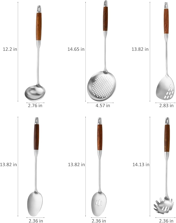 18/10 Stainless Steel Kitchen Utensils Set with Wood Handle Metal Cooking Utensils Set, 6-Piece - Spatula, Spoon, Ladle, Skimmer, Slotted Spoon, Pasta