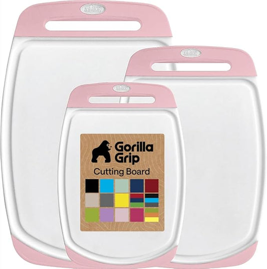GORILLA GRIP BPA-Free Reversible Kitchen Cutting Board Set of 3, US Designed, Nonporous, Juice Grooves Catch Liquid, Slip Resistant Border, Dishwasher Safe, Durable Large Food Chopping Boards, Pink