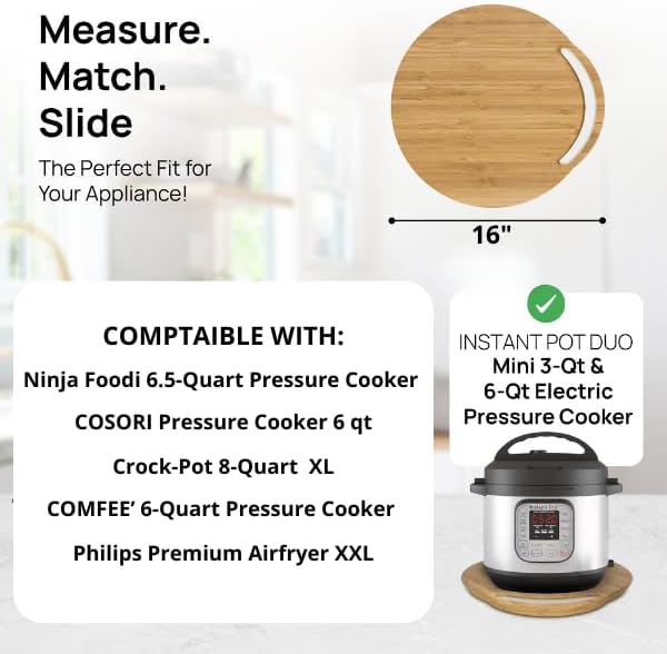Ibyx Elegant Round Sliding Tray for Your Pressure Cooker, Air Fryer & Heavy Kitchen Appliances - Sturdy, Slides Easily from Under The Cabinet (Natural, 16”)