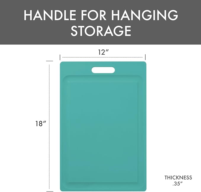 Dexas NSF Certified Polysafe Cutting Board with Handle and Juice Well, 12 x 18 inches, Reversible Kitchen Cutting Board, Teal Green