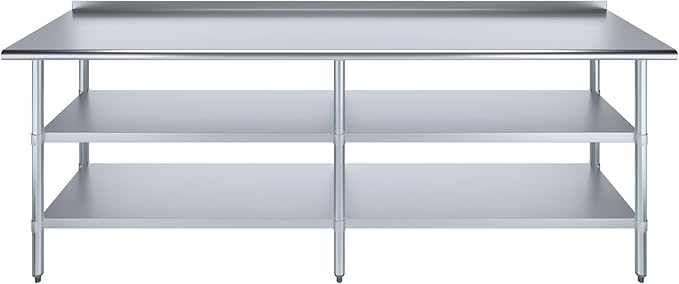 AmGood Stainless Steel Work Table with 1.5" Backsplash and 2 Shelves | Metal Kitchen Food Prep Table | NSF (96" Long x 24" Deep)