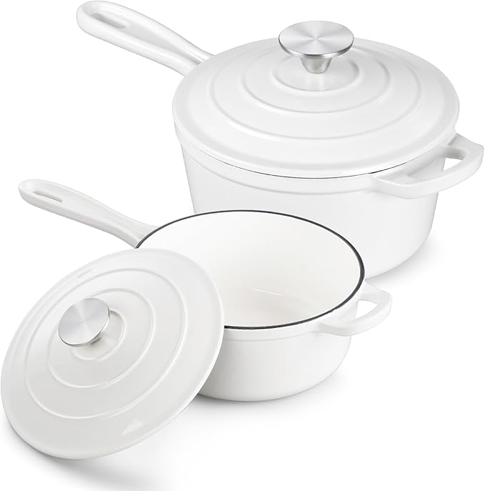 TeamFar 1+2QT Enameled Cast Iron Sauce Pan, Small Sauce Pot with Lid, Mini Dutch Oven Saucepan for Cooking/Simmering/Baking/Boiling, Sturdy & Nonstick, Oven Safe & Fit for Induction - White