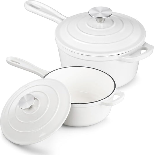 TeamFar 1+2QT Enameled Cast Iron Sauce Pan, Small Sauce Pot with Lid, Mini Dutch Oven Saucepan for Cooking/Simmering/Baking/Boiling, Sturdy & Nonstick, Oven Safe & Fit for Induction - White