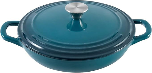 Braiser Enameled Cast Iron Braiser 3 qt Braiser Pan with Lid DarkCyan Shallow Cast Iron Casserole Braiser Pan with Handels