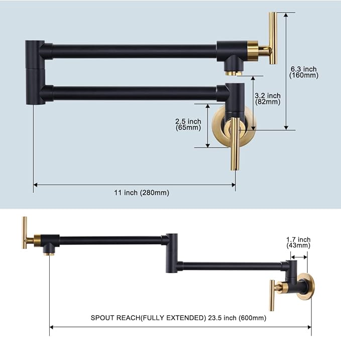 WOWOW Pot Filler Faucet Black Gold, Solid Brass Pot Filler Wall Mount Kitchen Stove Faucet with Double Joint Swing Arms