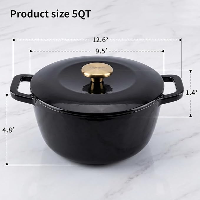 5QT Enamel Cast Iron Dutch Oven with Lid,Dual Handles,Versatile Heavy-Duty Non-toxic Cookware for Sourdough Bread Baking,Braising,Stews,Roasting,Oven Safe up to 500°F black