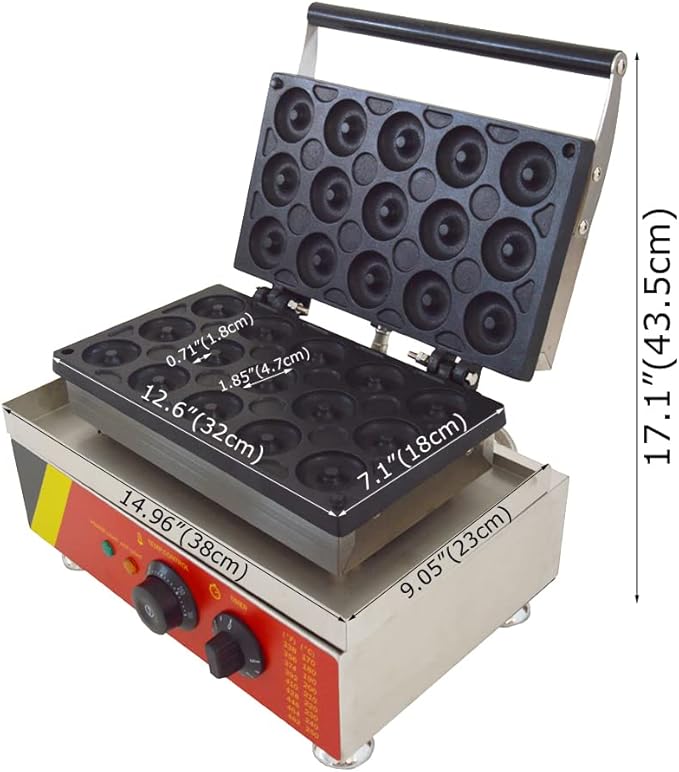 INTBUYING 15Pcs Mini Dount Maker Machine Commercial Electric Waffle Donut Machine 0℃-300℃ 1750W Double-Sided Heating Non-Stick Doughnut Baking Machine 1.85" Snack Maker 110V(1.85" 15 Dounts)