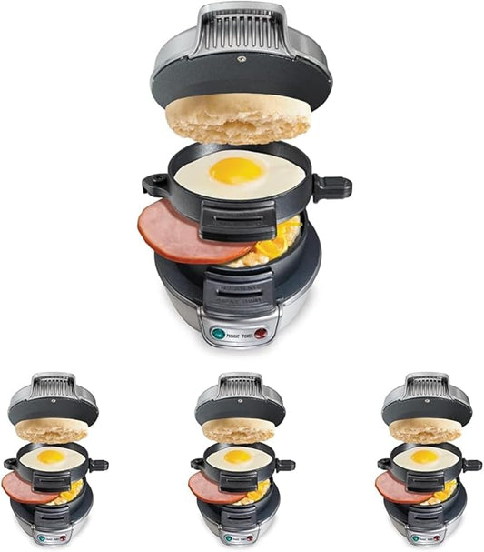 Hamilton Beach Breakfast Sandwich Maker with Egg Cooker Ring,Customize Ingredients,Perfect for English Muffins,Croissants,Mini Waffles,Perfect White Elephant Gifts,Silver (25475),(Pack of 4)