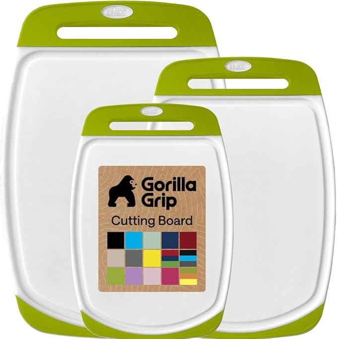 GORILLA GRIP BPA-Free Reversible Kitchen Cutting Board Set of 3, US Designed, Nonporous, Juice Grooves Catch Liquid, Slip Resistant Border, Dishwasher Safe, Durable Food Chopping Boards, Lime Green