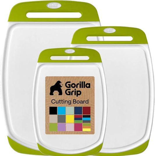 GORILLA GRIP BPA-Free Reversible Kitchen Cutting Board Set of 3, US Designed, Nonporous, Juice Grooves Catch Liquid, Slip Resistant Border, Dishwasher Safe, Durable Food Chopping Boards, Lime Green