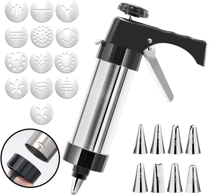 Cookie Press Gun Kit, Spritz Cookie Press with 13 Discs, 8 Piping Tips, Stainless Steel Cookies Maker for Baking, DIY Christmas Cookies and Decorating