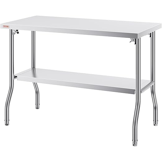 VEVOR Stainless Steel Foldable Work Table, 48 * 24 Inch Heavy Duty Food Outdoor Double Layer Stainless Steel Worktable for Commercial Kitchen Restaurant