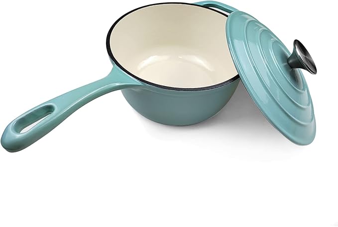 HAWOK 2 qt Enameled Cast Iron Saucepan, 7 inch with Lid, Green