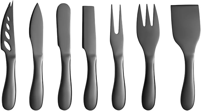 Black Butter Knives Set 7 Pieces Stainless Steel Kitchenware Utensils Gadgets include cheese Knife, Cheese Spreader, Cheese Forks, Cheese Slicer, Cheese Cutter, Butter Knife
