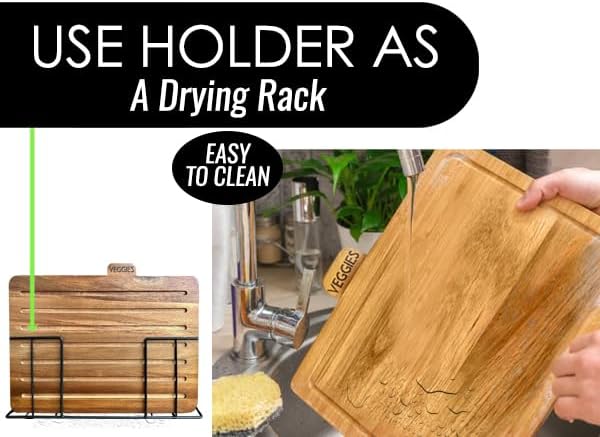 Acacia Cutting Boards for Kitchen with Holder 13" x 11" x 2.5" | Labeled Wood Cutting Board Sets | Large Wooden Cutting Board Set of 4 with Gold Organized Stand | Non Toxic Chopping Board