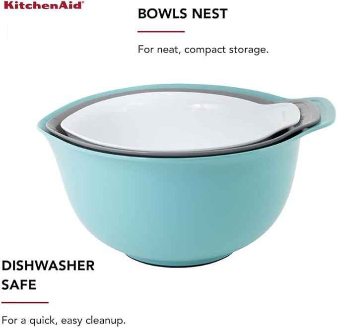 KitchenAid Universal Nesting Plastic Mixing Bowls, Set Of 3, 2.5 quart, 3.5 quart, 4.5 quart, Non Slip Base with Easy Pour Spout to Reduce Mess, Dishwasher Safe, Aqua Sky, White, Gray