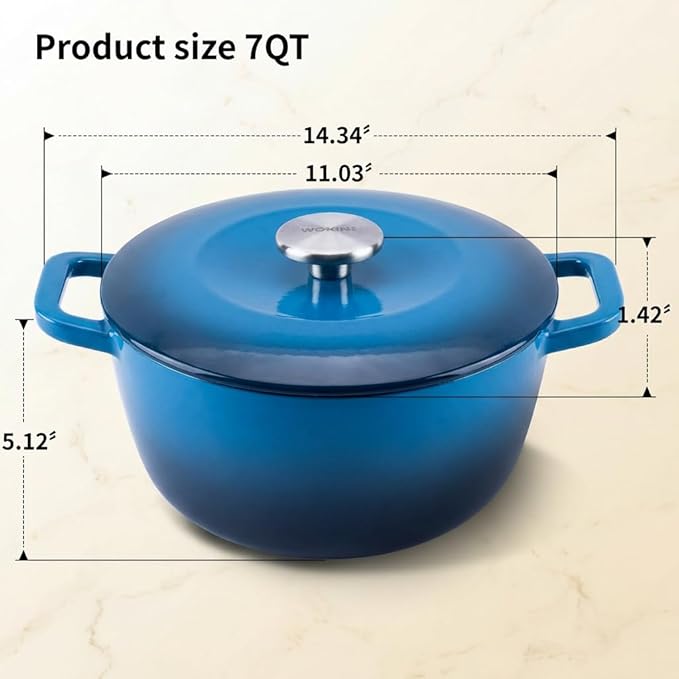 7QT Enamel Cast Iron Dutch Oven with Lid,Dual Handles,Versatile Heavy-Duty Non-toxic Cookware for Sourdough Bread Baking,Braising,Stews,Roasting,Oven Safe up to 500°F blue