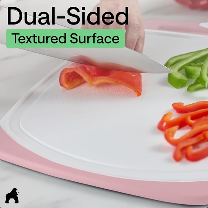 GORILLA GRIP BPA-Free Reversible Kitchen Cutting Board Set of 3, US Designed, Nonporous, Juice Grooves Catch Liquid, Slip Resistant Border, Dishwasher Safe, Durable Large Food Chopping Boards, Pink