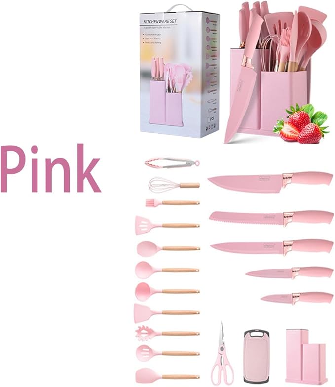 19 Pieces Kitchen Utensils and Knife Set with Block, Inldued 9 Pieces Silicone Cooking Utensils Set 5 Pieces Sharp Stainless Steel Chef Knives Scissors Whisk Tongs and Cutting Board (PINK)
