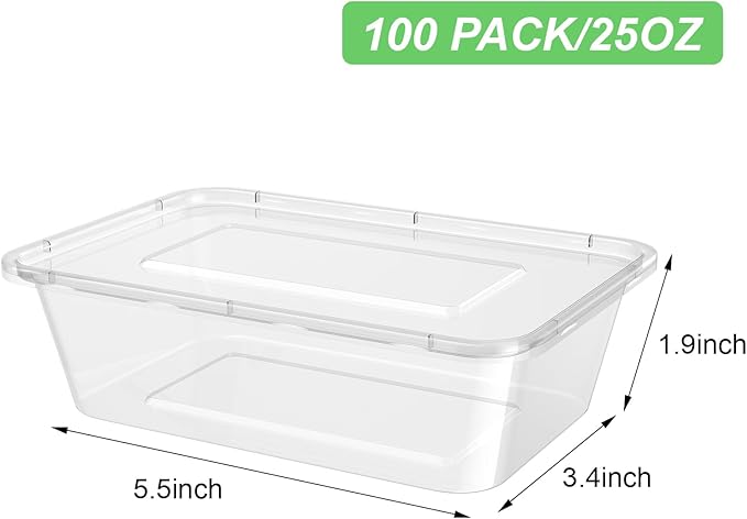 Bokon 100 Pcs Plastic Meal Prep Container with Lid Disposable Clear Lunch Containers Stackable Food Storage Container Box Spill Proof for Salad Snack Microwave Dishwasher Freezer Safe (25 oz)